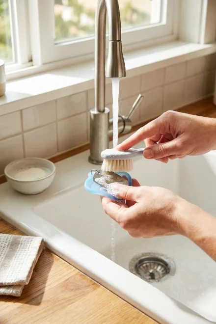 Person cleaning a dog tag and its silicone protector with soap and water