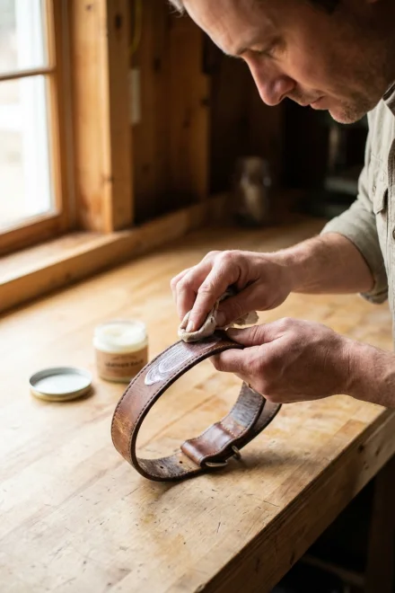 Person applying conditioner to a leather collar