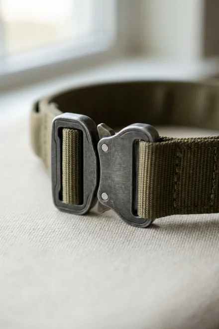 Detalle de hebilla metálica tipo Cobra en collar táctico