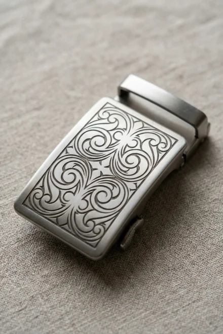 Detalle de grabado láser en hebilla de acero inoxidable