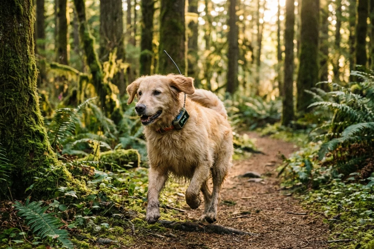 Perro corriendo libremente por el bosque llevando un collar con localizador GPS inteligente