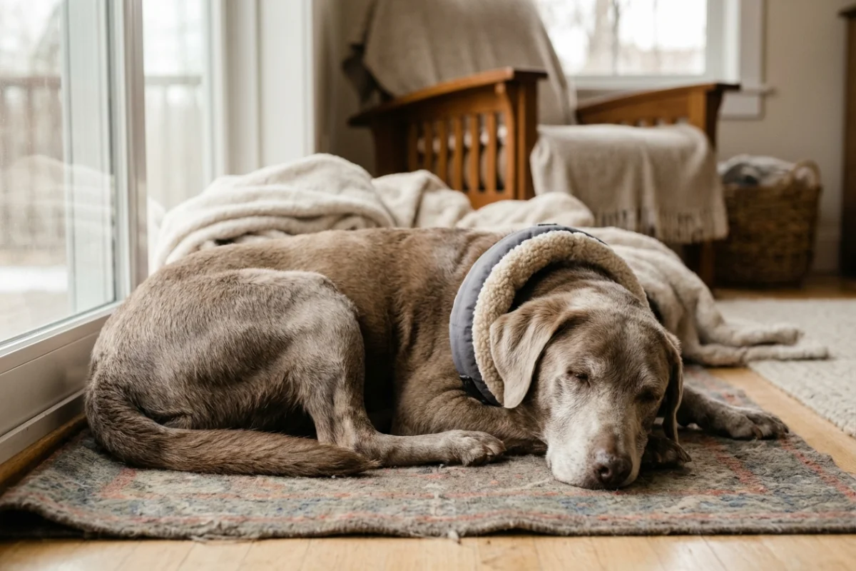 Perro labrador anciano descansando cómodamente con un collar acolchado de materiales suaves