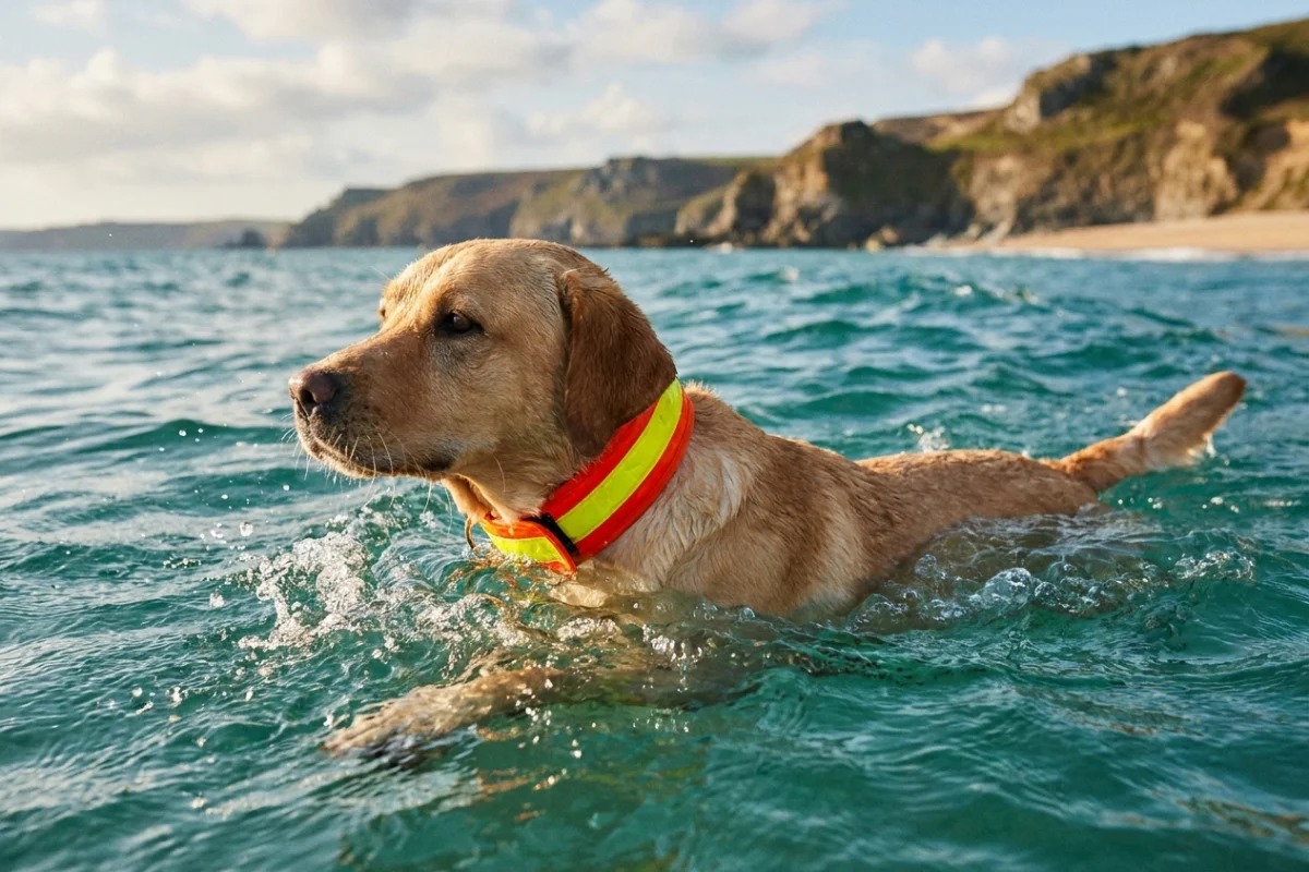 Labrador dog swimming in the sea with a high-visibility waterproof collar