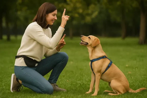 Dueña adiestrando a su perro con premios y clicker como alternativa al collar de adiestramiento