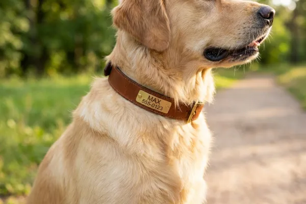 Perro luciendo un collar de cuero personalizado con su nombre y teléfono grabados para mayor seguridad