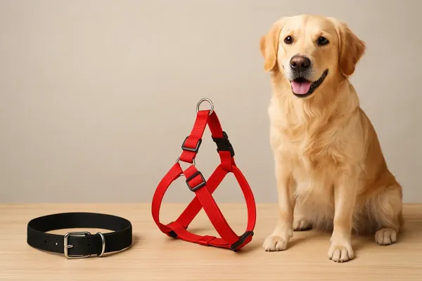 Perro con arnés paseando junto a otro con collar