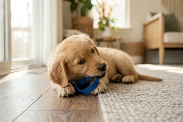 Puppy trying to bite its nylon collar while playing on the floor