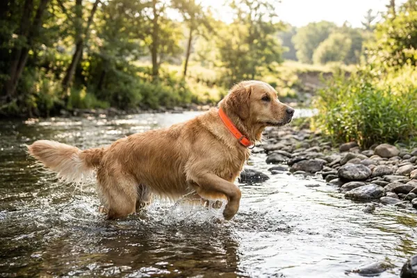 Perro jugando en el agua con un collar de Biothane de color llamativo