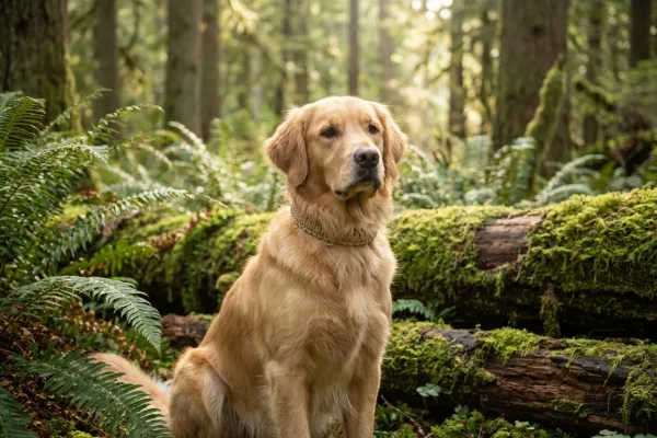 Perro luciendo un collar de cáñamo natural en un entorno boscoso y natural