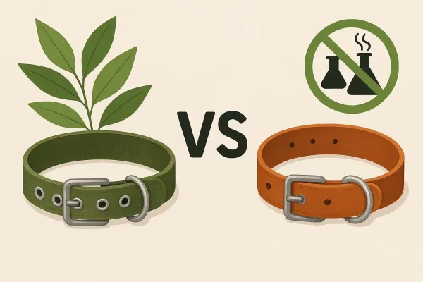 Perro con collar antiparasitario natural y productos químicos de fondo