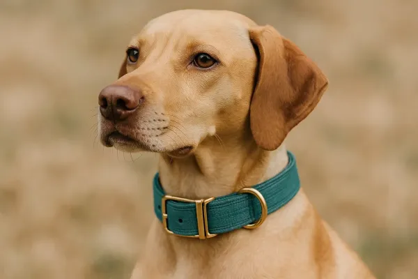 Perro con collar hipoalergénico de tela suave para piel sensible