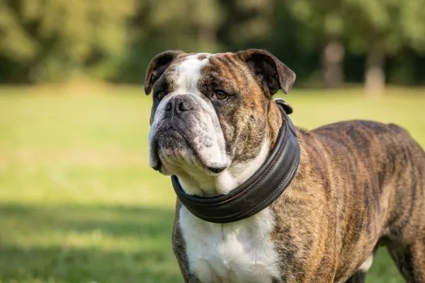 English Bulldog breed dog wearing a wide collar designed to protect its neck and airways