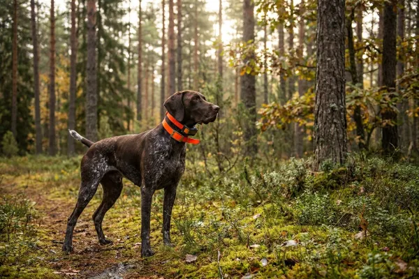 Hunting dog with high-visibility orange collar in a dense forest environment