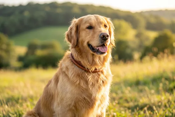 Perro de raza Golden Retriever luciendo un collar redondo de cuero que no daña su pelaje largo