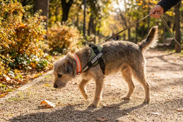 Newly adopted dog with safety collar and harness on its first walk
