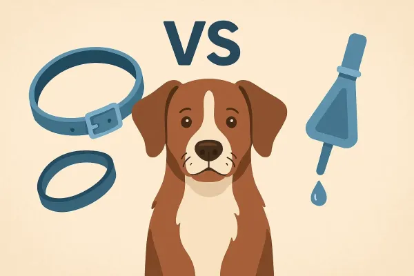 Perro con collar antiparasitario junto a pipetas sobre una mesa