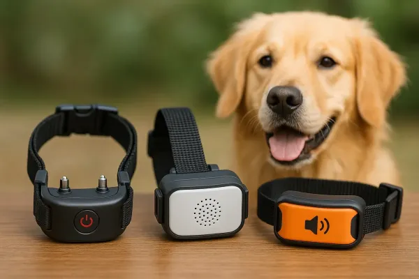 Collares de adiestramiento eléctricos, de vibración y de sonido colocados sobre una mesa