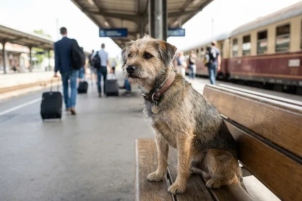 Perro con collar de identificación esperando en una estación de tren para viajar