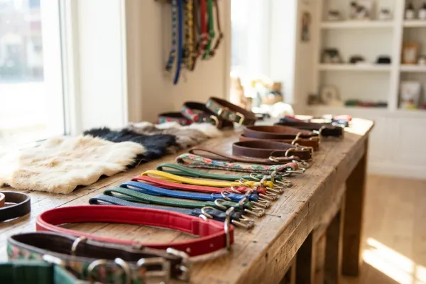 Varios collares de diferentes colores dispuestos sobre una mesa para elegir según el pelaje del perro