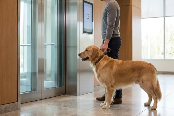 Owner holding their dog securely by the collar before entering a modern elevator