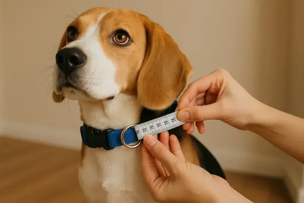 Persona midiendo el cuello de un perro con una cinta métrica para elegir el collar correcto