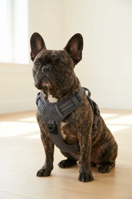 French Bulldog with ergonomic safety harness