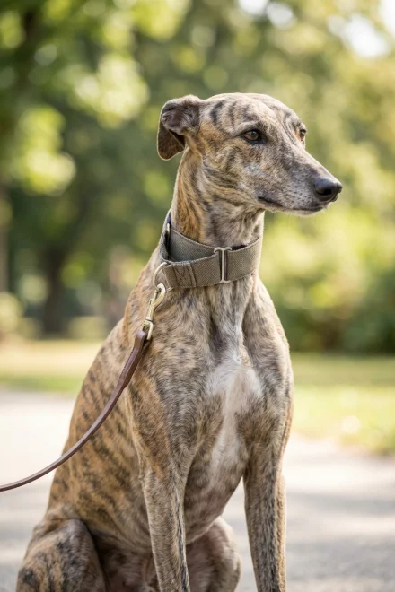Perro galgo usando un collar Martingale de forma segura