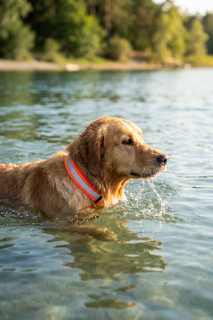 Dog swimming with high-visibility reflective collar