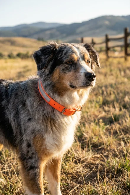 Perro de trabajo en el campo llevando un collar de Biothane de alta visibilidad