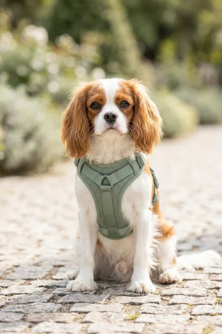 Small dog wearing an ergonomic harness to protect its trachea