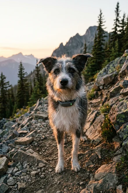 Perro con collar inteligente en la montaña