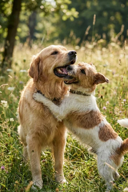 Two dogs playing and biting the neck area