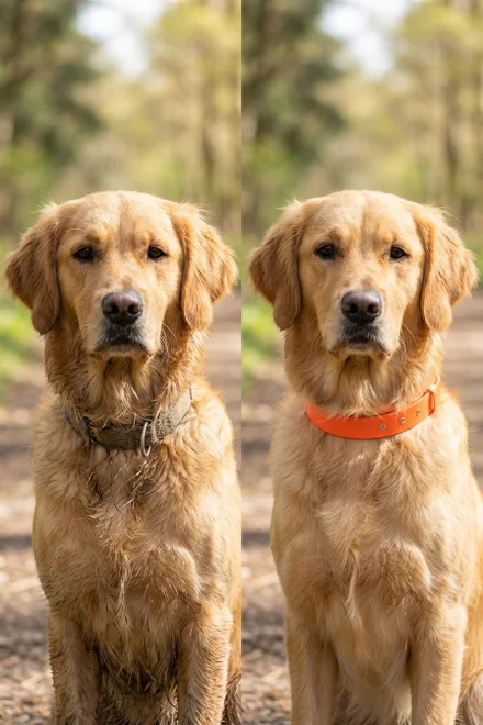 Comparativa visual de las ventajas de un collar de Biothane en un perro activo