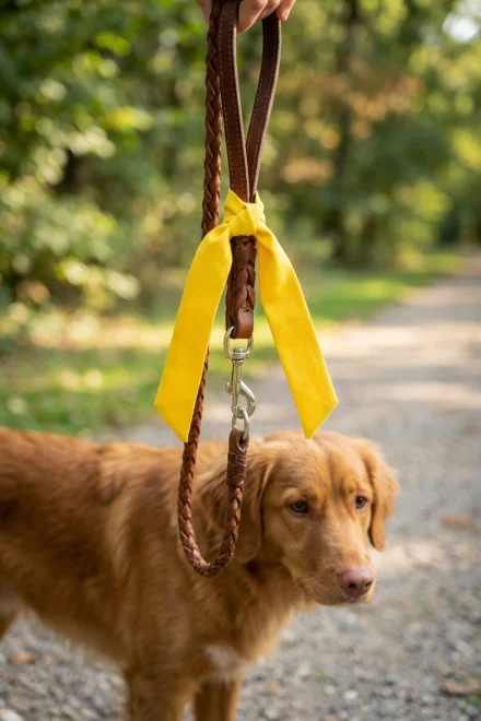 Lazo amarillo atado a la correa de un perro como señal de precaución