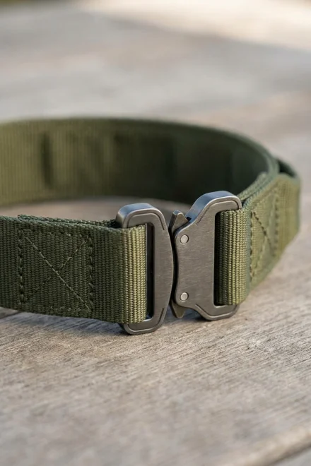 Primer plano de un collar táctico de nylon con hebilla metálica de seguridad