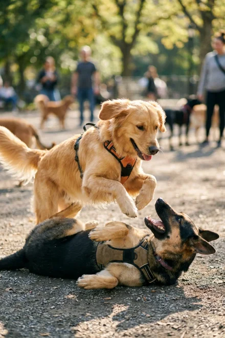 Two dogs playing safely in a dog park