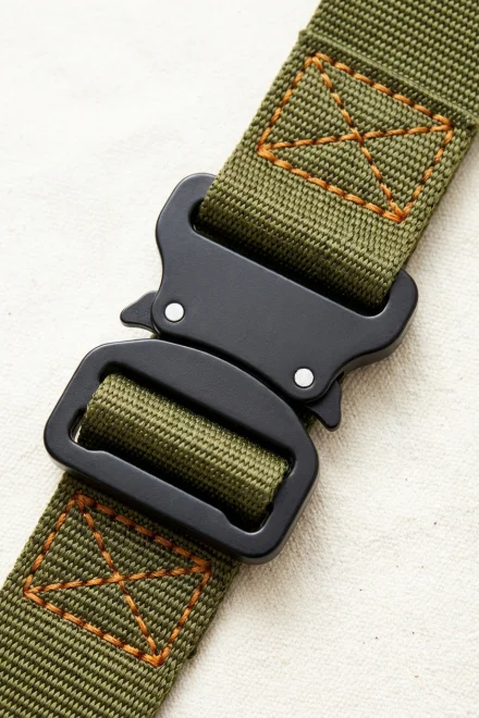 Detalle de un cierre de seguridad y costuras reforzadas en un collar de nylon