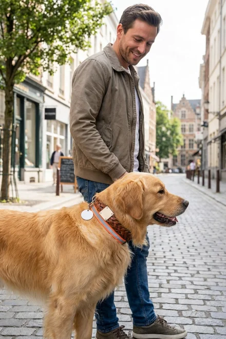 Dueño paseando a un perro con collar identificativo especial en un entorno urbano