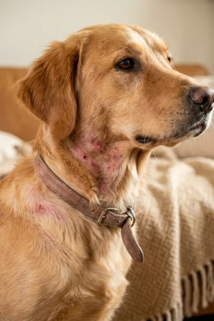 Symptoms of contact dermatitis on a dog's neck