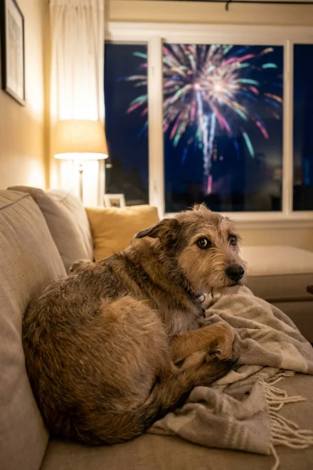 Perro asustado por fuegos artificiales
