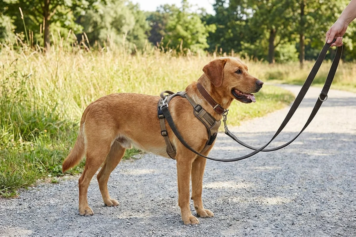 Dog wearing a collar and harness simultaneously with a double-clip leash for greater safety during the walk