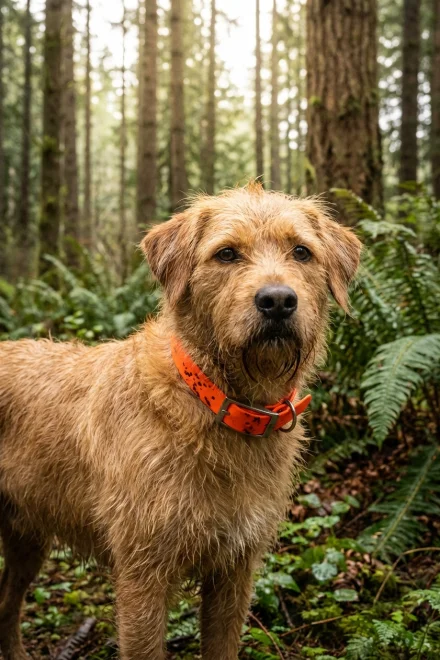 Perro con collar de Biothane resistente al agua y la suciedad en el bosque