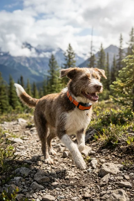 Perro corriendo libre por la montaña equipado con un collar GPS
