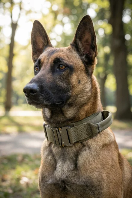 Perro con collar táctico de alta resistencia y asa de control