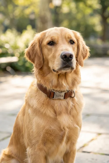 Perro luciendo un collar con nombre grabado directamente en el cierre