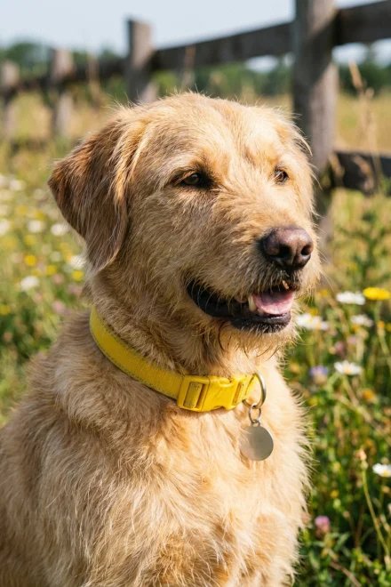 Perro con collar amarillo y mensaje de 'necesito espacio' caminando por la ciudad