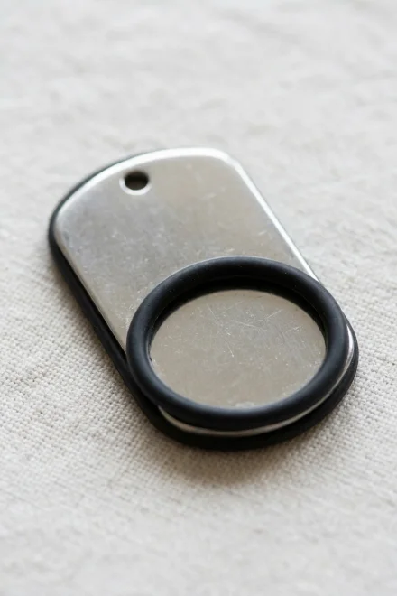 Close-up of a dog tag with a black silicone silencer