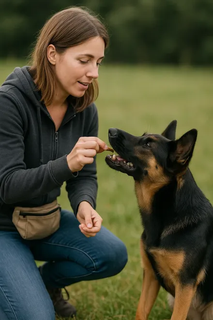 Adiestradora premiando a su perro con un snack durante el entrenamiento