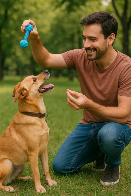 Dueño utilizando refuerzo positivo con su perro mediante juegos y premios
