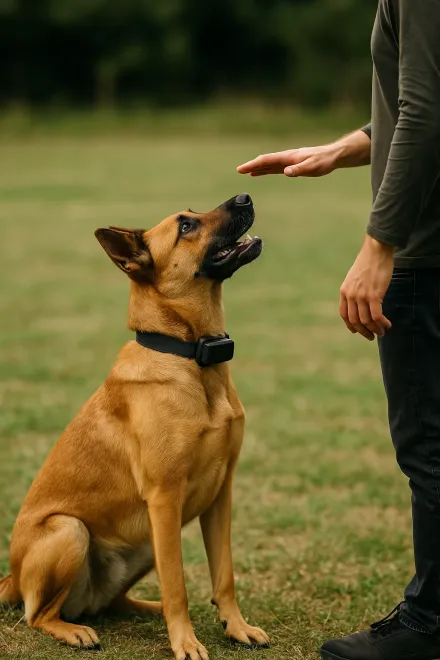 Perro con collar de adiestramiento durante una sesión de entrenamiento